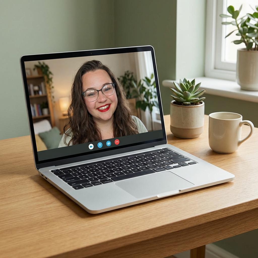 Elena Conte, LCSW, during an online therapy session, smiling warmly at the camera